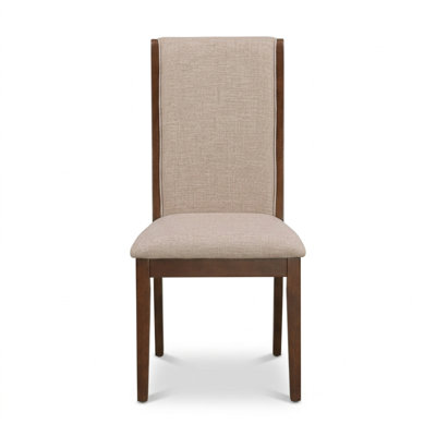 Mahogany Light Tan Wood Linen Fabric Round 3 Piece Dining Table Chairs Set Padded High Back Pedestal