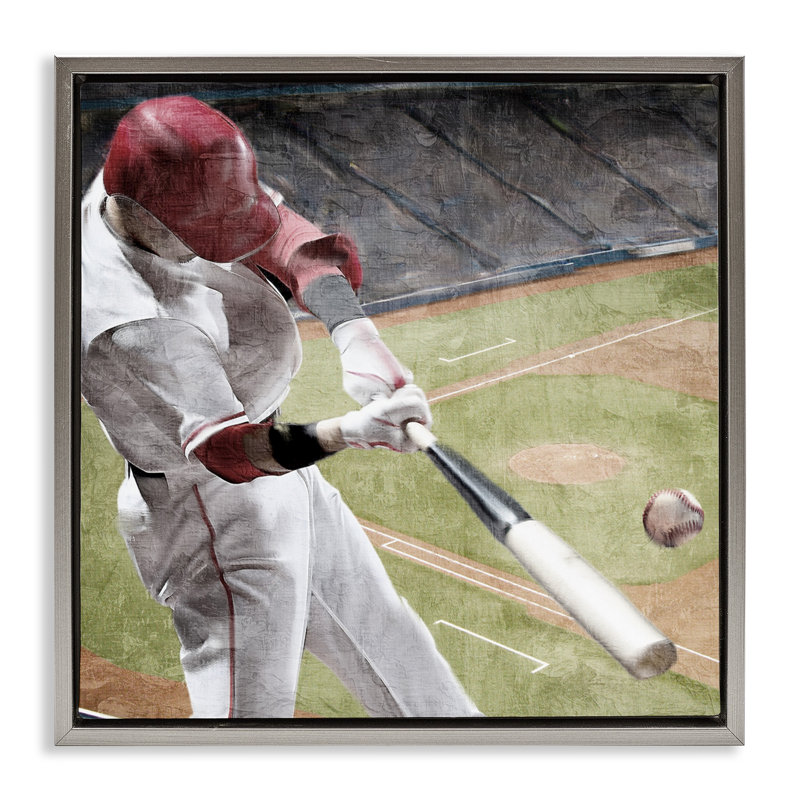 Cadre flottant de baseball en action, design par Kim Allen, H 18 po x l 18 po, Cadre flottant gris lustré