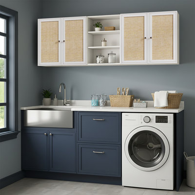 63" Rattan Laundry Room Wall Cabinet, Wall Mounted Floating Cabinet With Adjustable Shelf, Hanging Storage Cabinet For Laundry Room, Bathroom, Kitchen