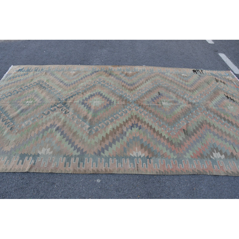 Tapis traditionnel kilim turc traditionnel avec un look rétro délavé et des motifs géométriques Navajo Oushak orange / vert