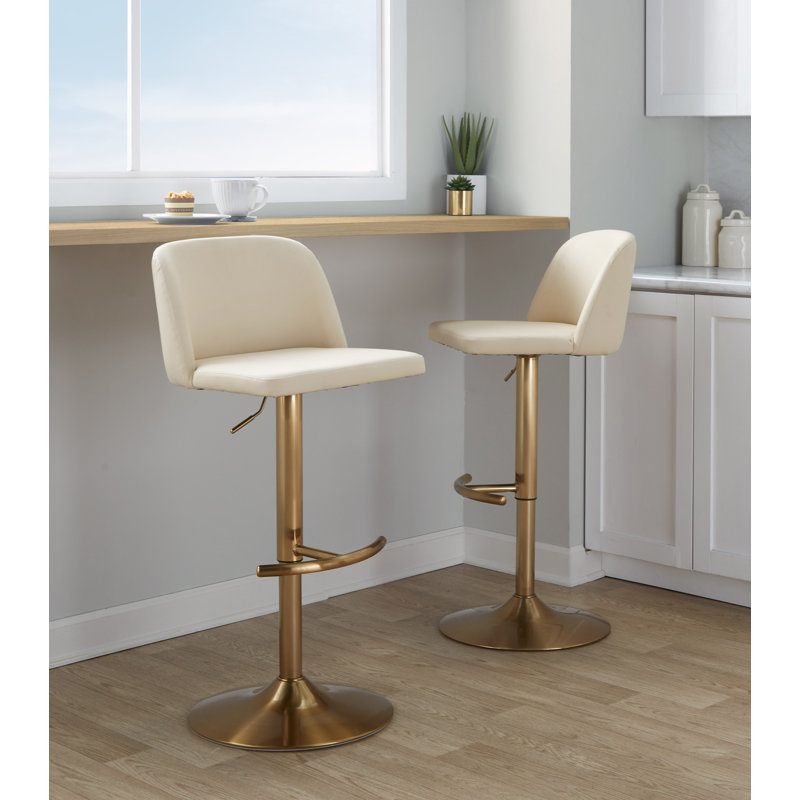 Tabourets de bar réglables Thea avec repose-pieds arrondi en T, Gold, Black Faux Leather