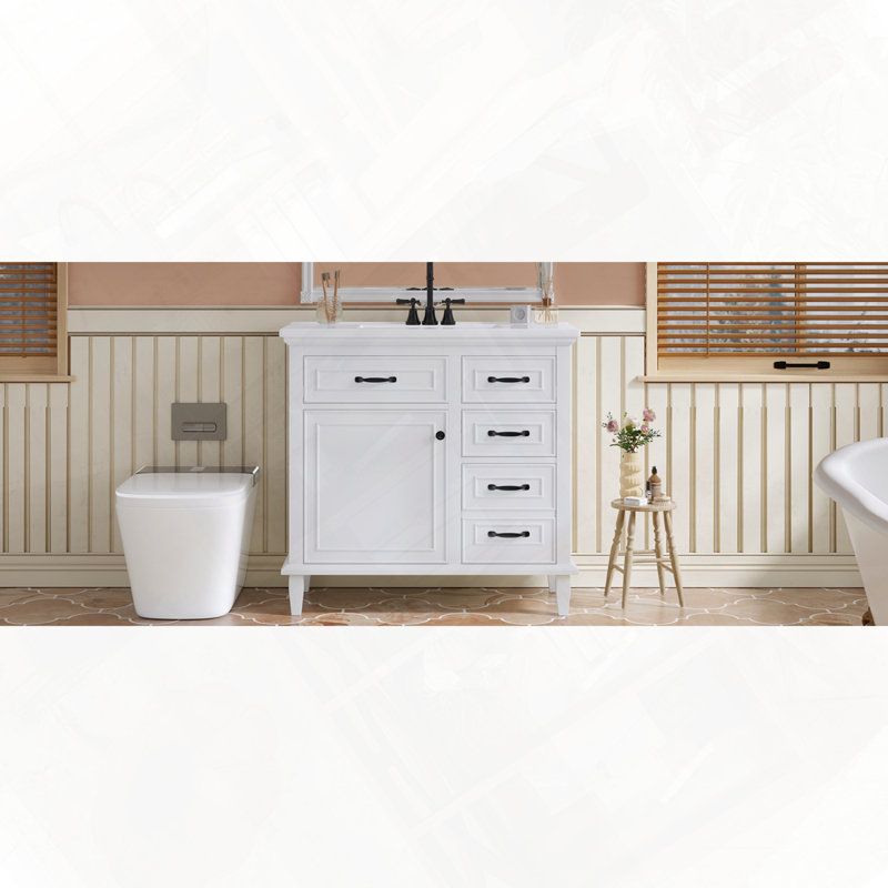 Meuble-lavabo autoportant avec tiroirs en céramique et tablette réglable, Blanc