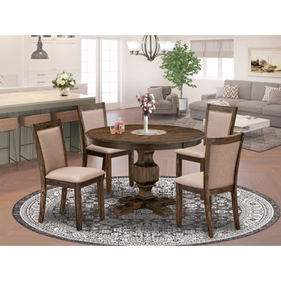 L'ensemble de table de salle à manger 5 pièces pour 4 personnes comprend une table de cuisine ronde avec piédestal et 4 chaises de salle à manger Parsons en tissu kaki foncé
