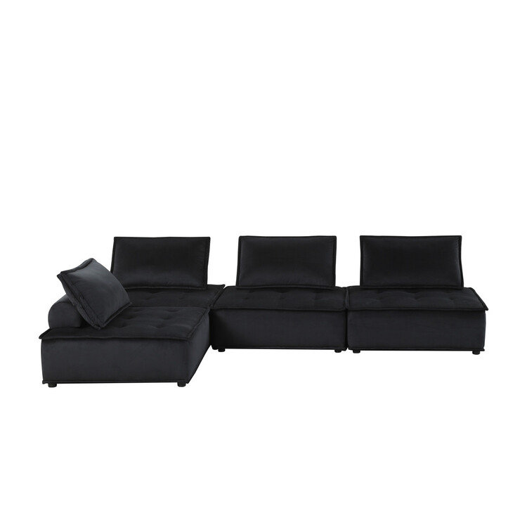 Canapé modulaire 4 pièces avec siège capitonné, Velours noir, H 29 po x l 120 po x P 80 po