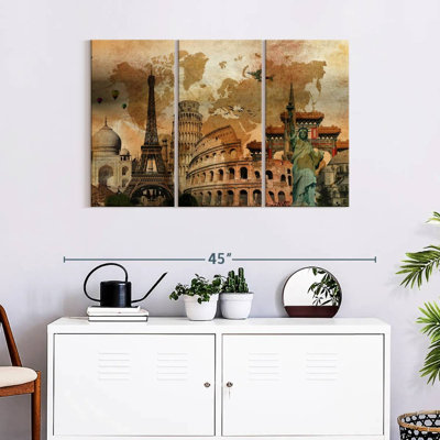 " Rustic Landmark World Map Multi Piece Canvas Print " by Tess P 3 - Pieces