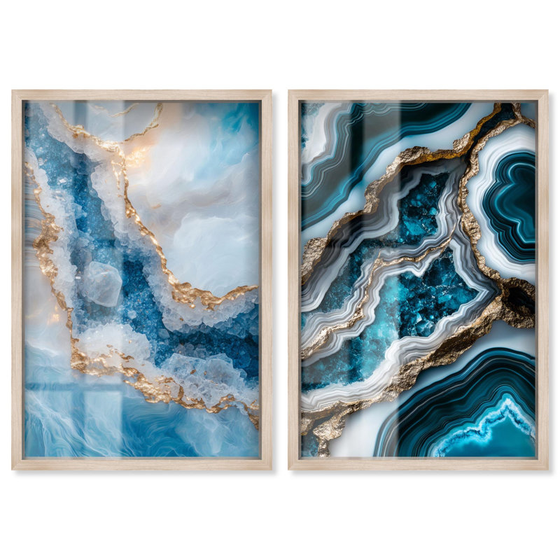 «Golden Geode Luxe Set Shadowbox», art mural bleu par Art Remedy, Crème, crème, H 55 po x l 37 po