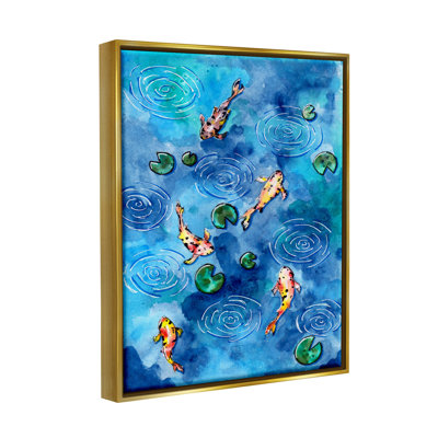 Koi Fish Ripples Pond Lilies - peinture sur toile à cadre flottant