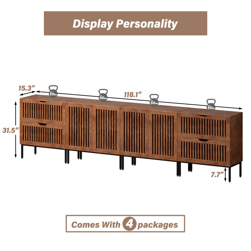 Storage Cabinet,118" Farmhouse Buffet Cabinet With Metal Base And Adjustable Shelf,sideboard Coffee Bar Cabinet With 4 Doors For Kitchen,dining Room,living Room,brown