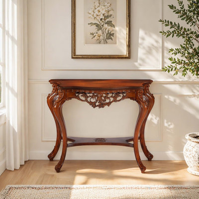 Vintage Walnut Carved Solid Curved Leg Console Table, Two-Tier Classic European Antique Entryway Sofa Table with Hollow Floral Carving for Hall & Living Room Decor Display