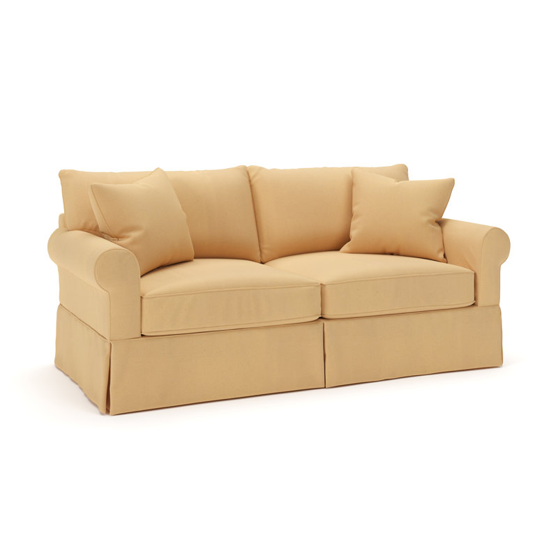 Amari 84" Rolled Arm Slipcovered Sleeper Sofa with Reversible Cushions, Bayou Sunshine Canvas