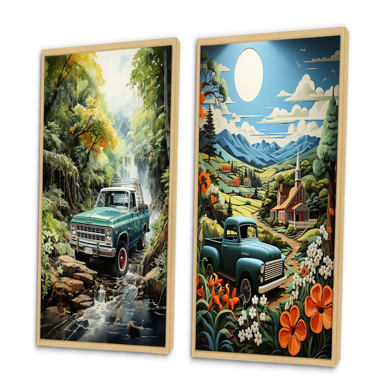 «Green Pickup Truck Enchanting Waterfall», 2 pièces, H 24 po x l 20 po, Encadrement brun