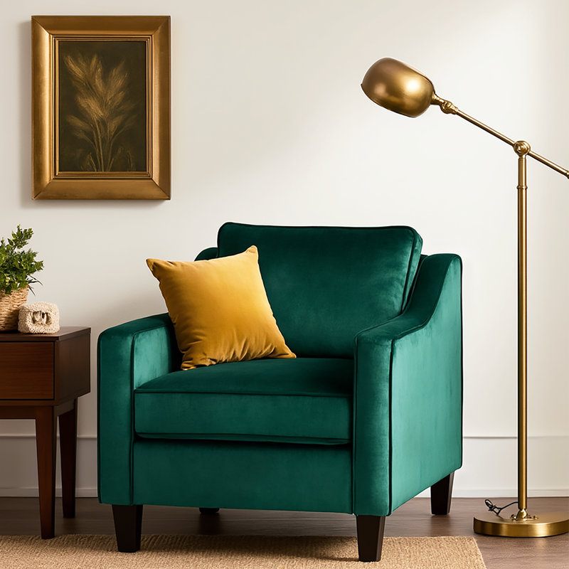 Willowford Velvet and Birch Wood Club Chair, Green Polyester