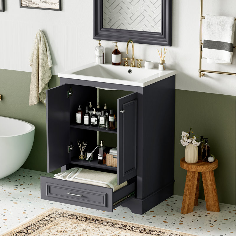 Meuble-lavabo contemporain avec lavabo en céramique, armoire de rangement autoportante avec portes à fermeture douce