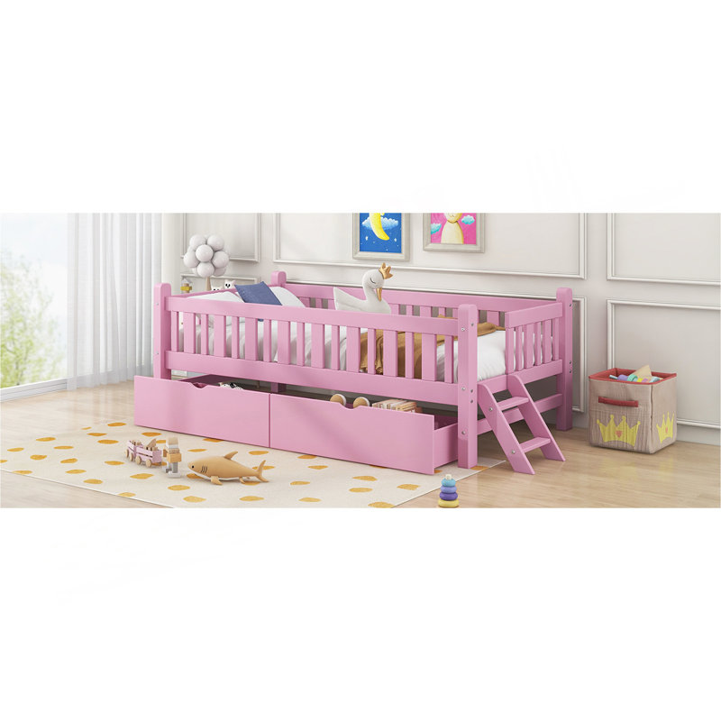 Wood Twin Size Platform Bed With Guardrail And 2 Drawers, Pink