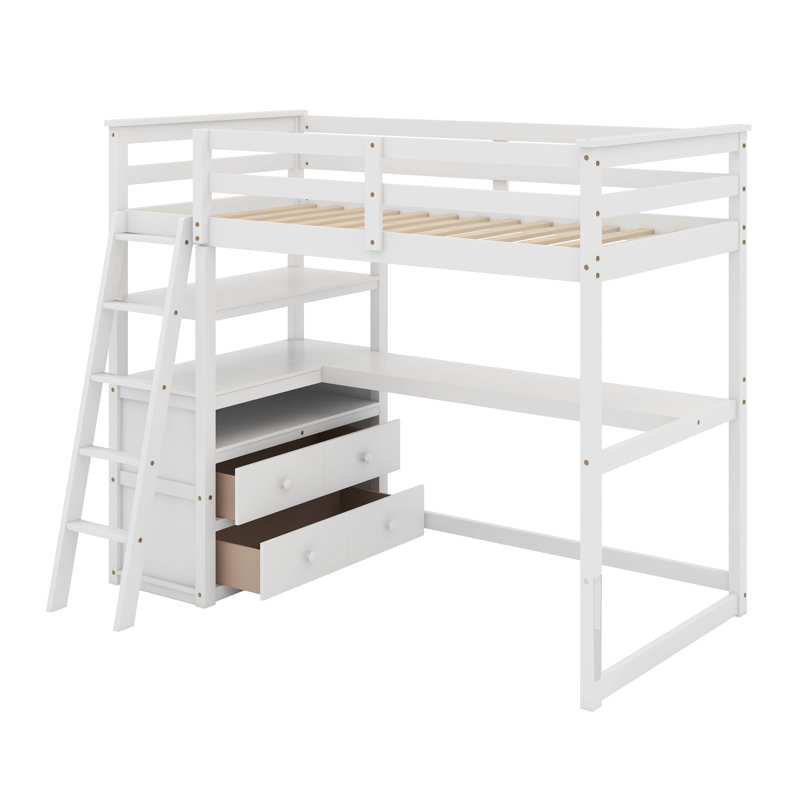Lit mezzanine simple avec bureau et tablettes, Blanc