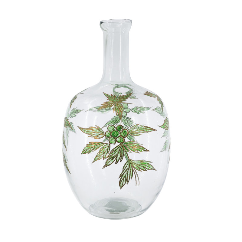 Vase en verre transparent avec motif botanique vert et or, 16,5 po
