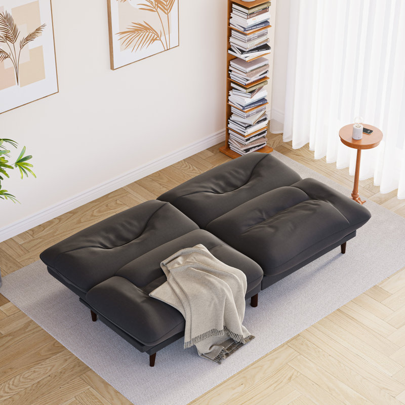 65” Futon multi-person sofa that can be converted into bed with adjustable back and ends, Black Linen