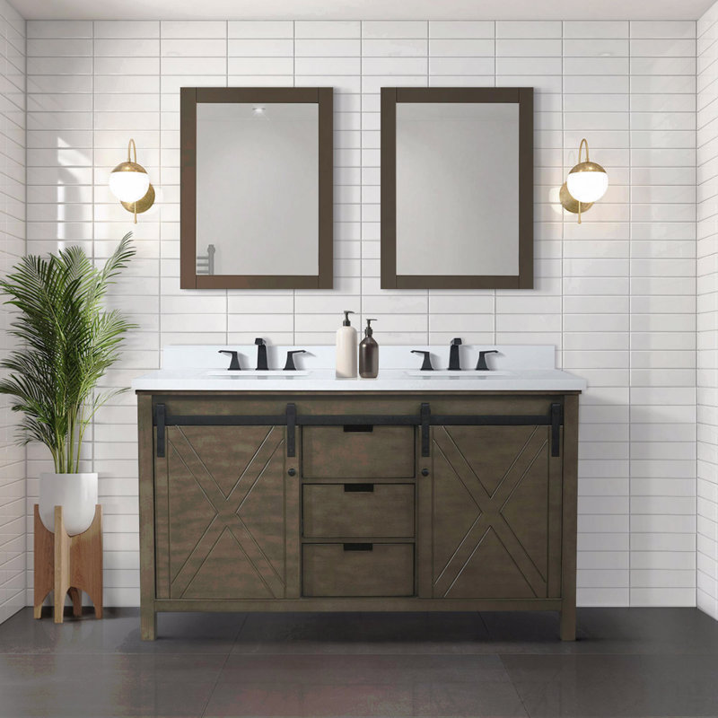 Meuble-lavabo double l 60 po x P 22 po, comptoir en quartz blanc, Brun