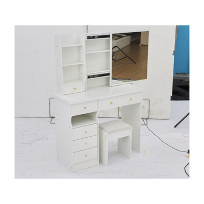 Meuble-lavabo de 37 po avec miroir coulissant et tabouret rembourré blanc - 37 po