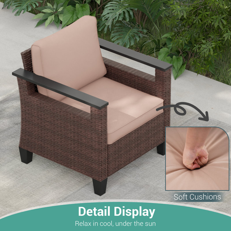 6 Piece Wicker Patio Sofa Set with Ottoman and Square Table, Sand