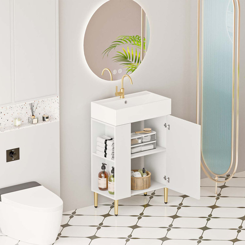 Bathroom Vanity with Ceramic Sink and Open Shelf on the Left Side, White