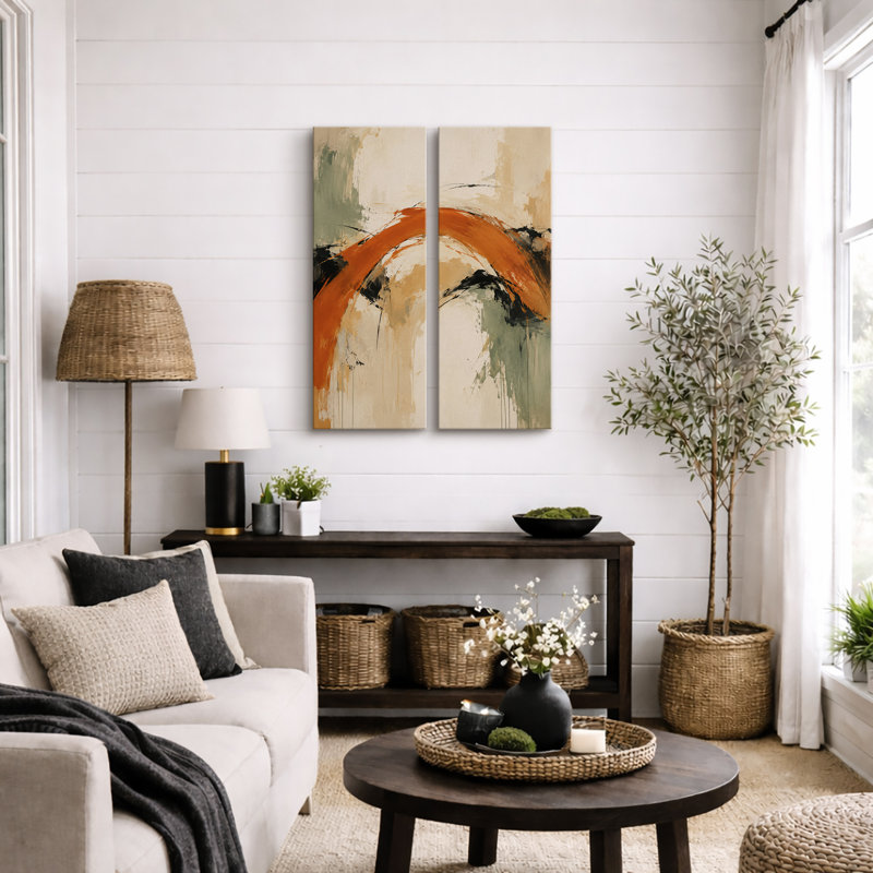 Ensemble de 2 impressions d'art mural encadrées sur toile, motif orange et vert sauge abstrait abstrait, 81 x 30 x 5 cm