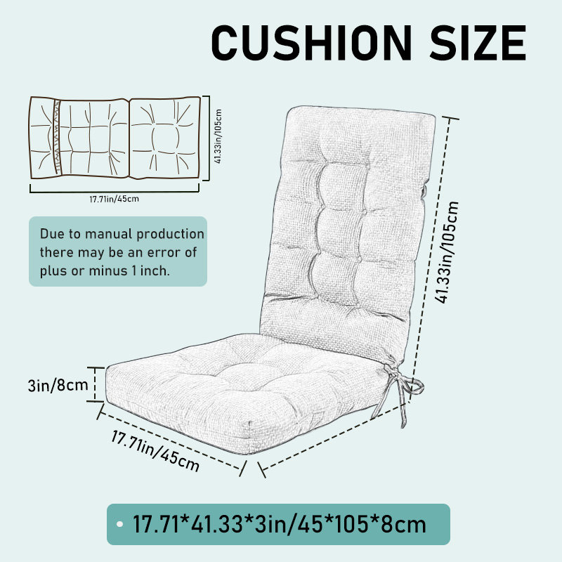 18x41x3 in tufted rocking chair cushion for indoor/patio use. Wear-resistant fabric, silk + foam pellet filling, elastic drawstring, and ties. Ideal for baby’s room, living room, study, garden, or patio