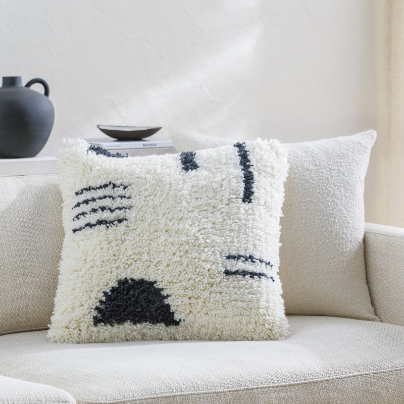 Umar Wool Blend Throw Square Pillow Cover & Insert, 18" x 18", Down, Cream/Charcoal