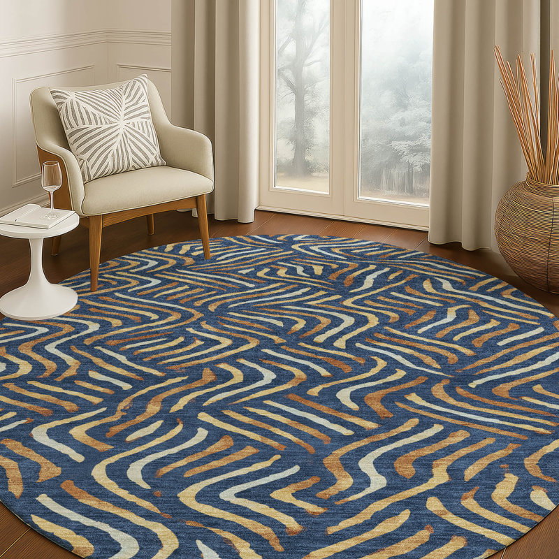 Machine Washable Indoor/Outdoor Chantille ACN2474 Abstract Rug, Navy, 8' Round
