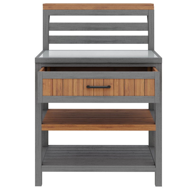 Outdoor Cabinet With Stainless Steel Top, Fir Wood Frame & Anti-Tip Design