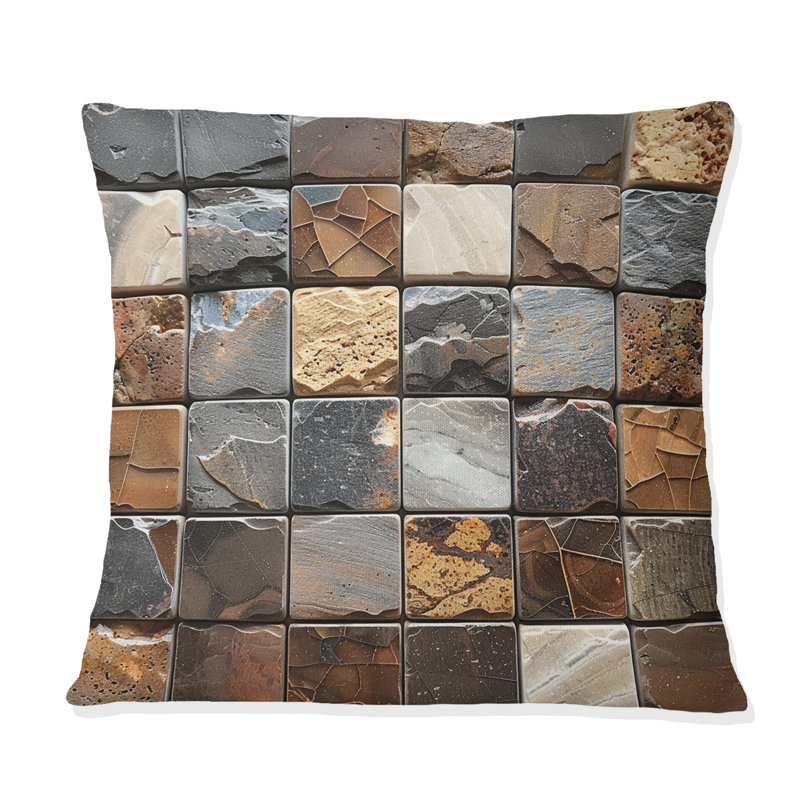 Carreaux de mosaïque brun et beige V - Coussin décoratif moderne, H 16 po x l 16 po