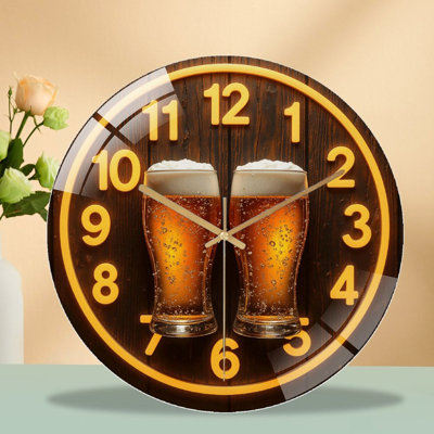 Vintage Beer Clock Decor with Dual Glasses Art - 12'' Modern Glass Wall Clock