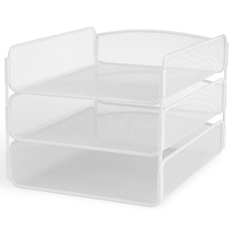 Sleek White Steel Mesh Triple Tray Desk Organizer