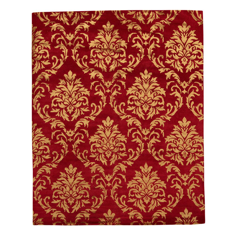 Tapis géométrique rouge / doré en laine noué à la main 8 pi x 10 pi Geometric