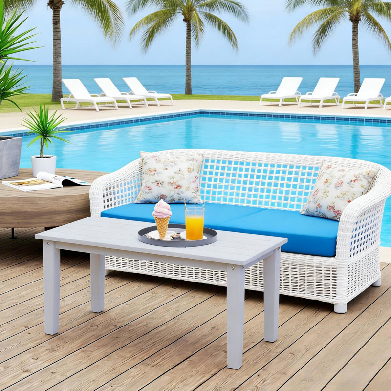 Table basse d'extérieur pour patio, 91 cm de long, 44 cm de large, 42 cm de hauteur, blanche, plateau à lattes, résistante aux intempéries, idéale pour un espace rectangulaire, matériau, finition et conception anti-accumulation d'eau, montage facile