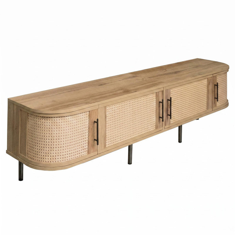 Meuble télé 70 po pour téléviseur de 70 po ou moins en rotin moderne, console multimédia avec rangement, trous pour câbles, pieds en fer pour le salon