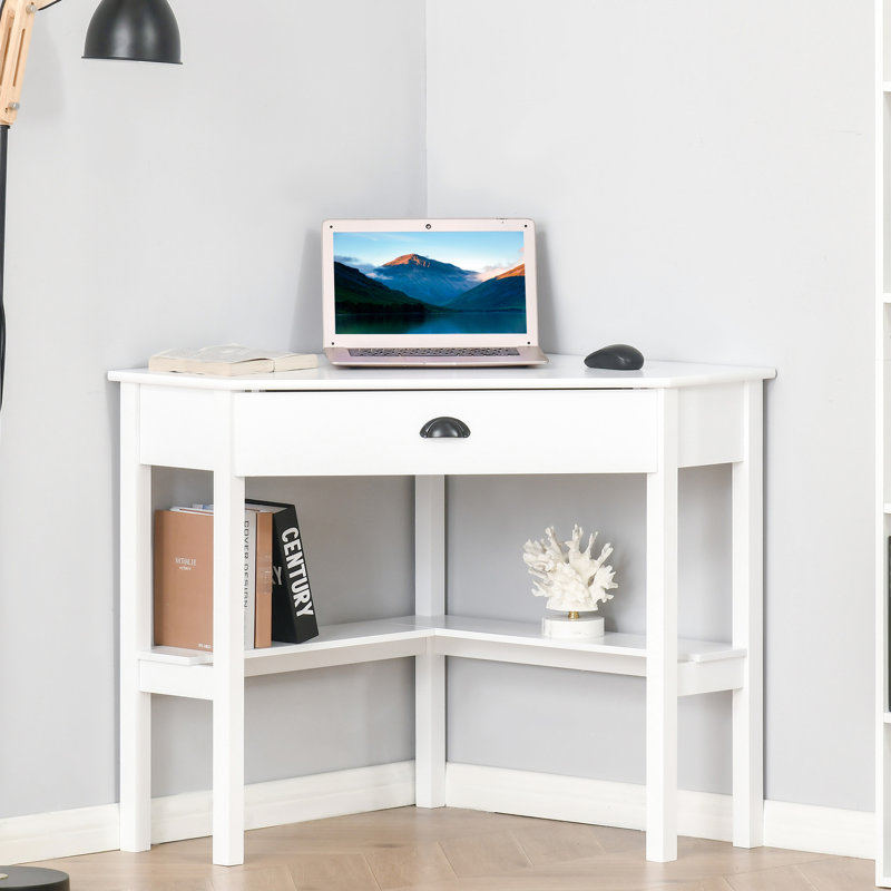 Bureau blanc avec tablettes et tiroir pour tablettes de bureau compactes, petits espaces