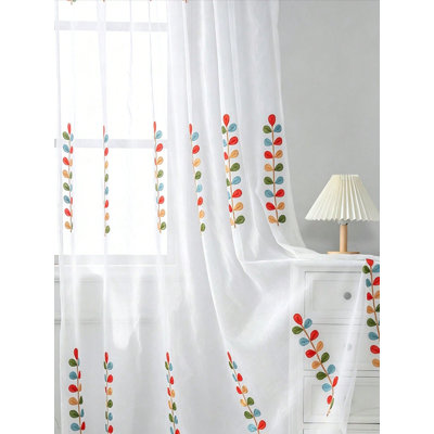 Rideaux blancs transparents avec broderie colorée en forme de feuille, rideaux à œillets filtrant la lumière pour salon, chambre à coucher, chambre d'enfant (2 panneaux, 132 cm de large * 239 cm de long)