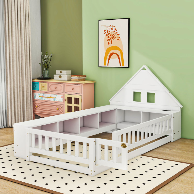 Lit simple en bois avec tête de lit et rangement intégré, Blanc