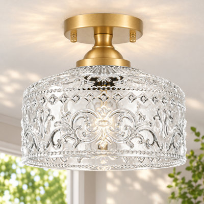 Plafonnier semi-encastré en laiton antique de 24 cm avec abat-jour en verre transparent à motifs