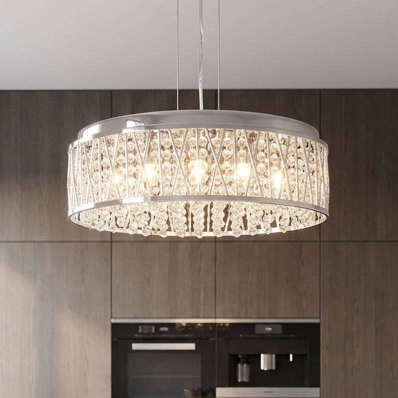 Lustre moderne rond en cristal chromé à 7 lumières de 19 pouces, plafonnier encastré pour îlot de cuisine
