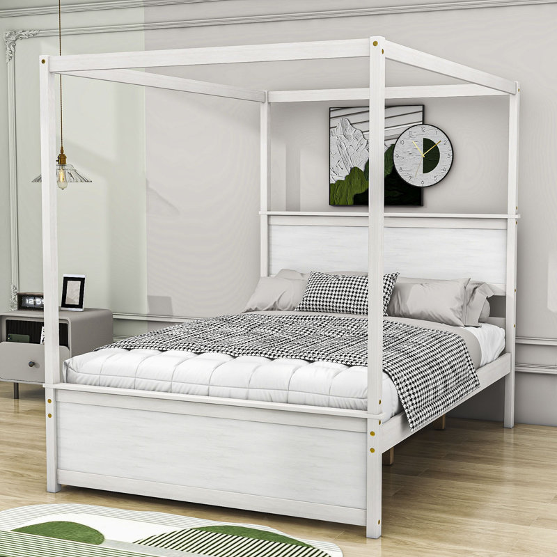 Ignaz Full Size Wood Canopy Bed With Headboard and Slats, White