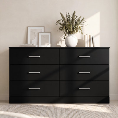 Commode 6 tiroirs de large, commode avec poignées en métal mat, armoire de rangement en bois avec glissières de tiroir lisses, organisateur de vêtements de chambre à grande capacité