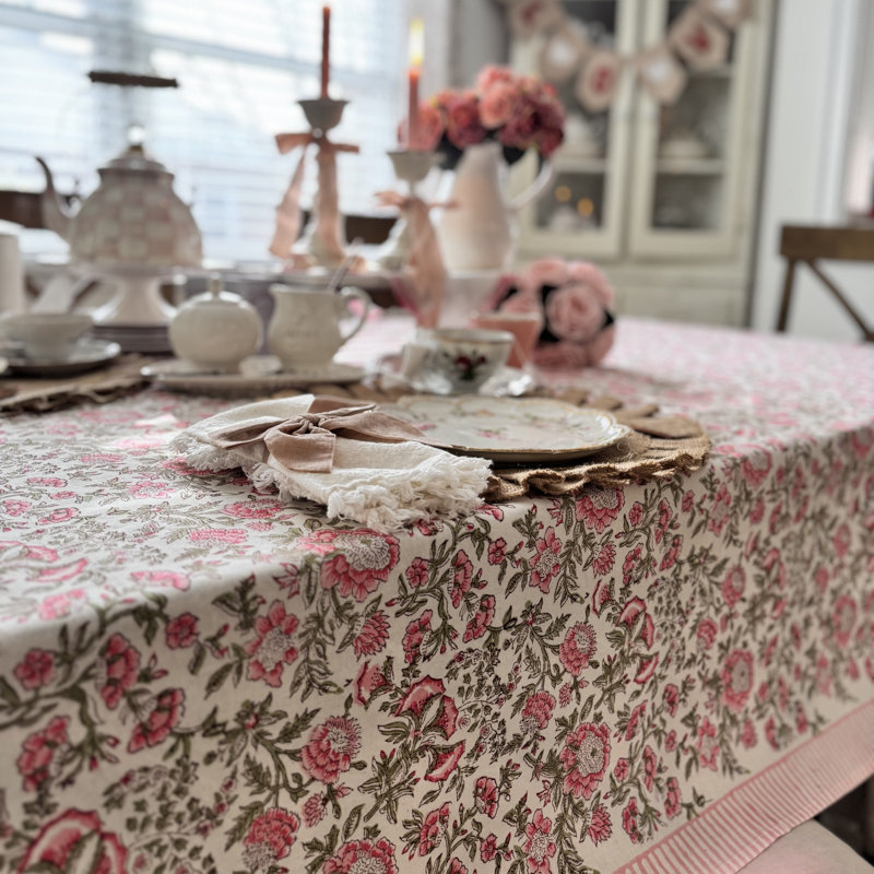 Beatrice Round Tablecloth - Pink And Green, 60" D x 120" L