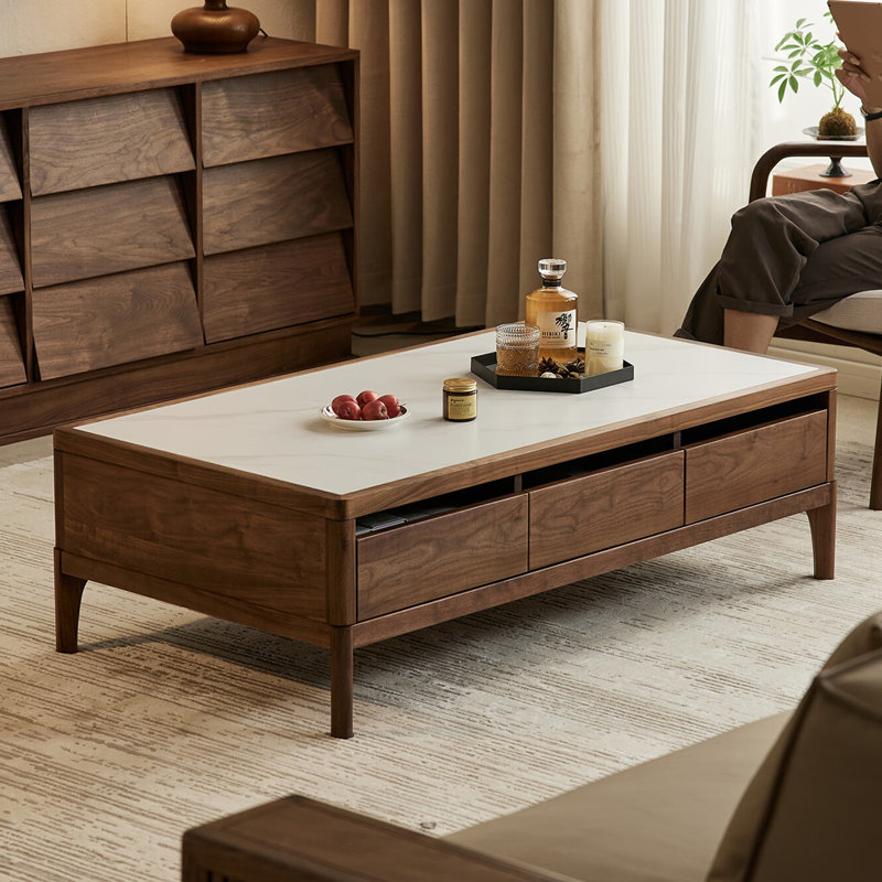 Table basse avec rangement en dalle de granit en bois massif, H 15,7 po x L 55,1 po x l 27,6 po