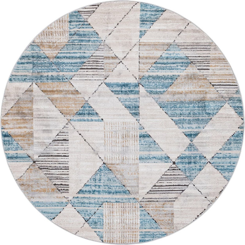  Tapis géométrique beige / bleu, Rond 6 pi 1 po