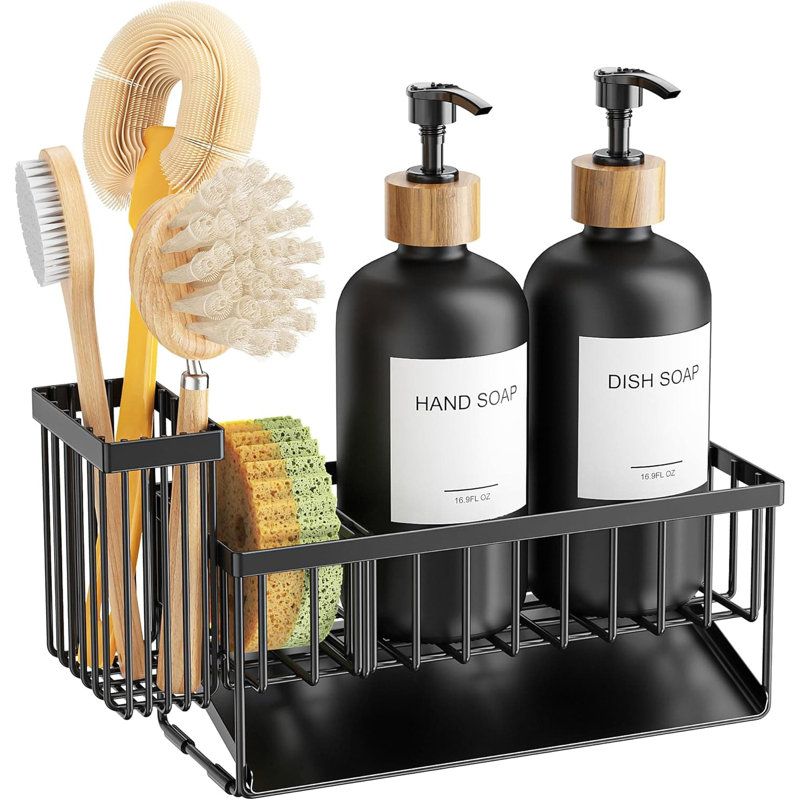 Kitchen Soap Dispenser Set With Sponge Holder - 2 Glass Bottles, Adjustable Stainless Steel Rack, And Beveled Drain Plate For Sink Organization