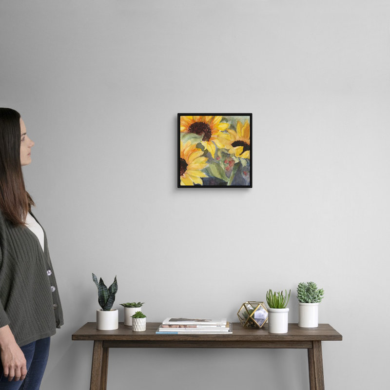 «Sunflowers In Watercolor II», art mural sur toile, Cadre noir, H 12 po x l 12 po x P 1,75 po
