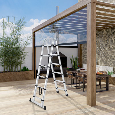 14.5ft Heavy Duty Aluminum A Frame Telescoping Ladder Collapsible Extendable Non Slip Feet Stabilizer Portable For Home Roof Garden Storage