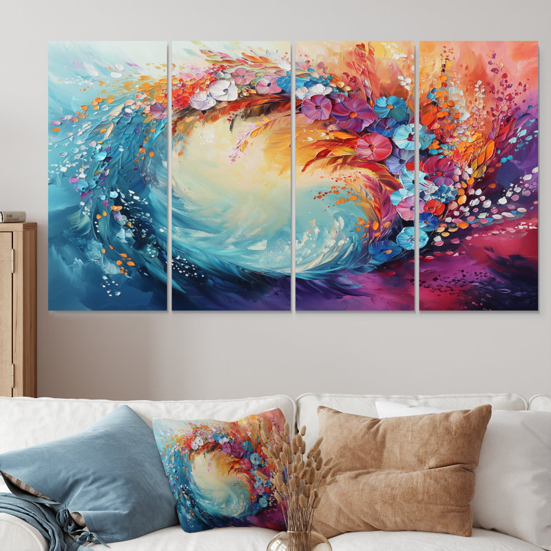 «Blue Rainbow Dram Op Art Fragments III» - et art mural - Art mural moderne, 4, H 32 po x l 64 po